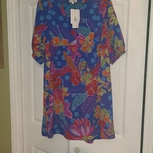 Sugarlips Blue Floral Midi Dress with Pink, Red & Green Accents